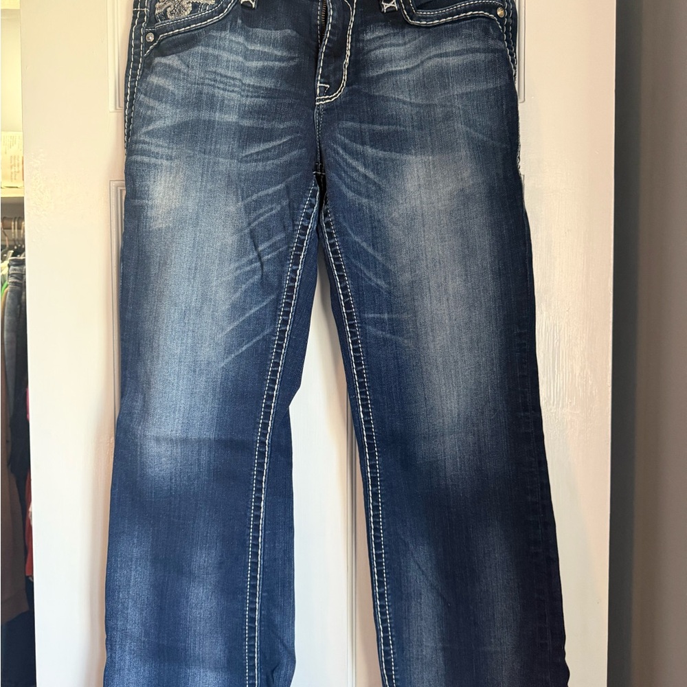 Rock Revival Blue Denim Jeans with Cream Embroidery